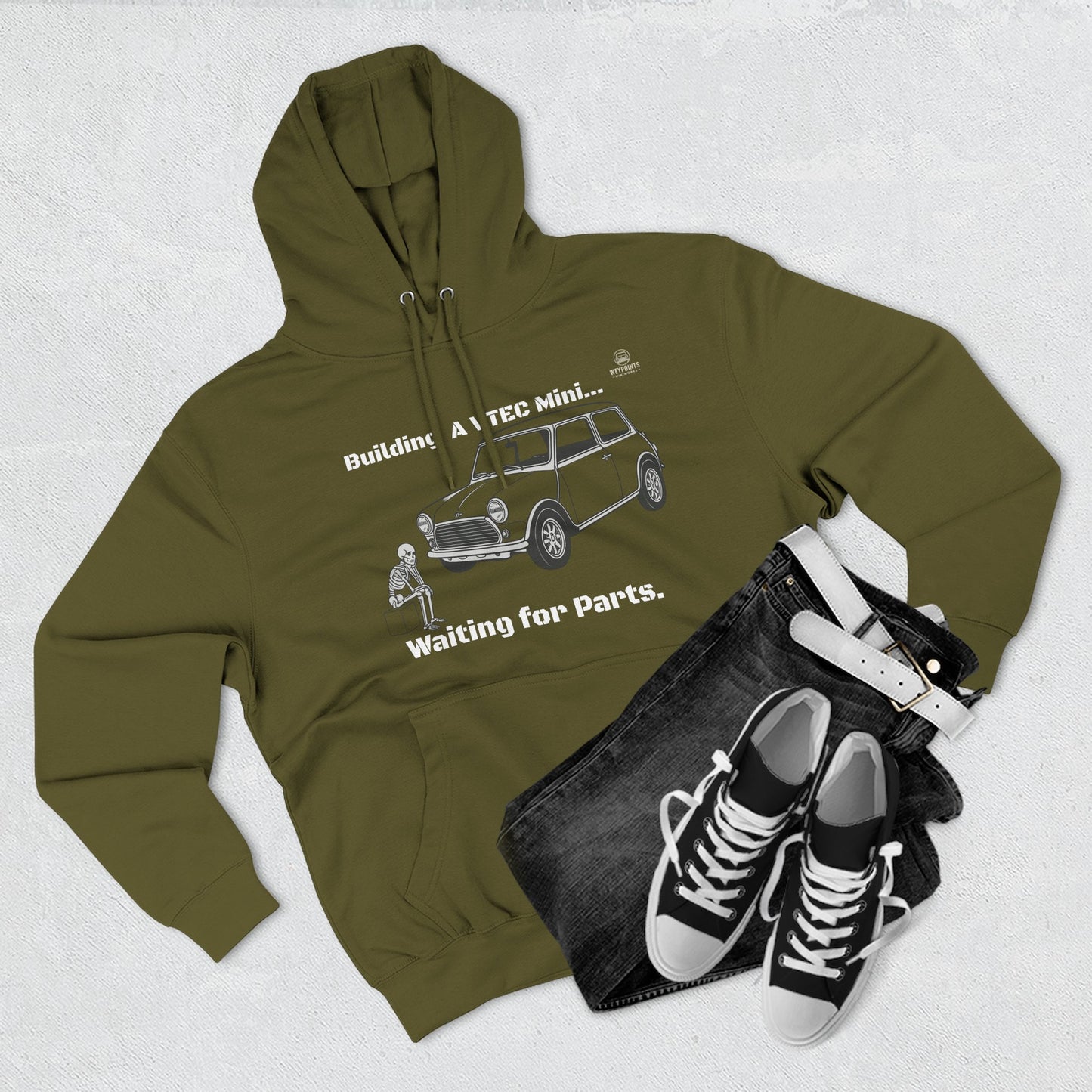 Mini Cooper Project Hoodie - "Building a VTEC Mini... Waiting for Parts" Car Enthusiast Sweatshirt